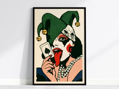Joker Licks Ace Poster | Green and Red Screen Print Art Print | Dark Fantasy Wall Art — framed print on the wall, 24x36 in
