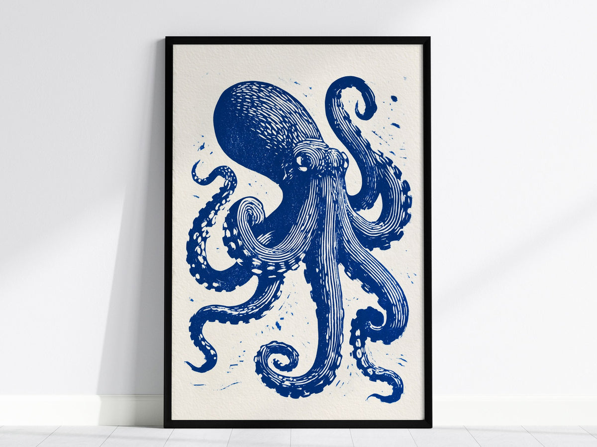 Octopus Unfurls Poster | Cobalt Blue Screen Print Art Print | Coastal Wall Art — framed print on the wall, 24x36 in
