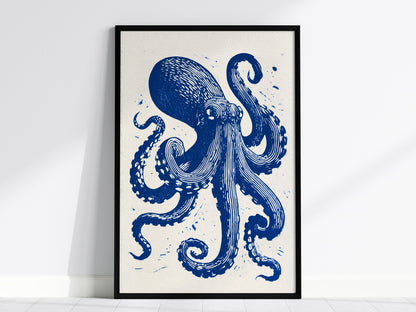 Octopus Unfurls Poster | Cobalt Blue Screen Print Art Print | Coastal Wall Art — framed print on the wall, 24x36 in