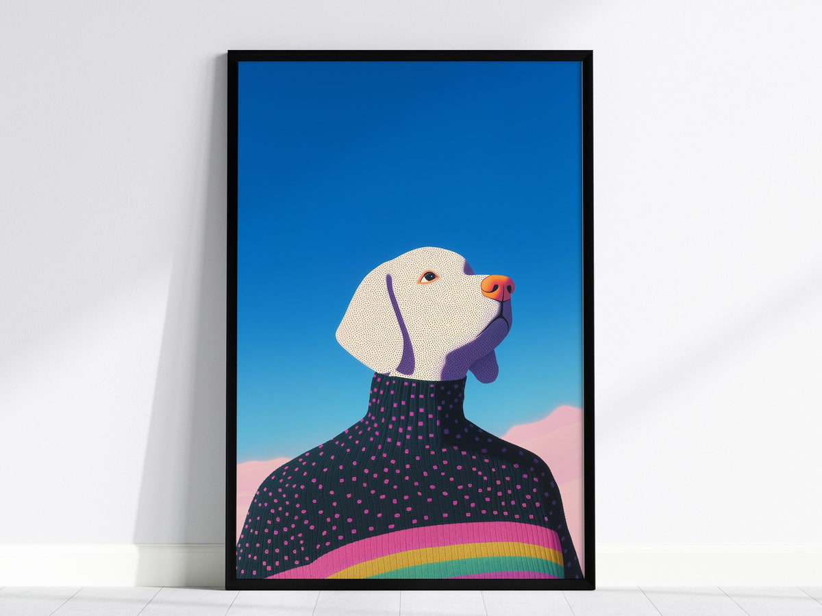 Rainbow Dog Sweater Poster | Kids Art Print — framed print on the wall, 24x36 in