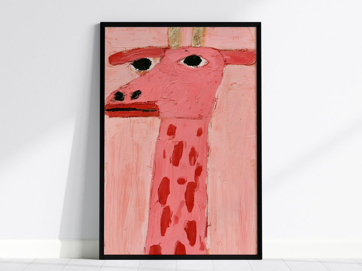 pink-giraffe-portrait Poster | Pink and Cream Oil Painting Art Print | Kids Room Wall Art — framed print on the wall, 24x36 i