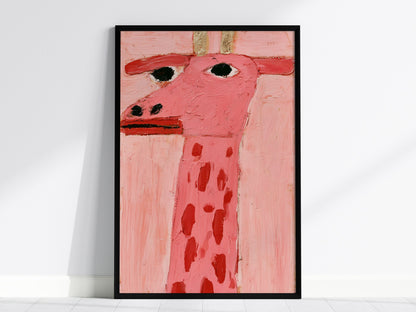 pink-giraffe-portrait Poster | Pink and Cream Oil Painting Art Print | Kids Room Wall Art — framed print on the wall, 24x36 i