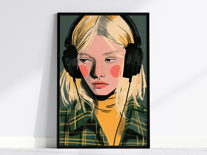 Headphone Hours Poster | Green and Gold Illustrative Art Print | Music Lovers Wall Art — framed print on the wall, 24x36 in
