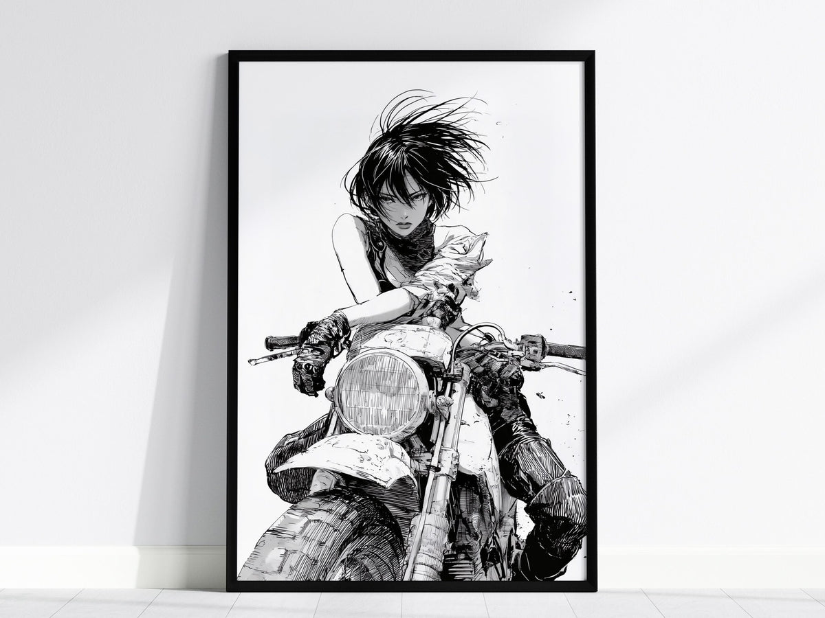 Rider Cuts Wind Poster | Black and White Pen and Ink Art Print | Moto Wall Art — framed print on the wall, 24x36 in