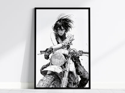 Rider Cuts Wind Poster | Black and White Pen and Ink Art Print | Moto Wall Art — framed print on the wall, 24x36 in