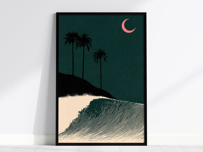 Moon Breaks Wave Poster | Green and Pink Screen Print Art Print | Surf Wall Art — framed print on the wall, 24x36 in