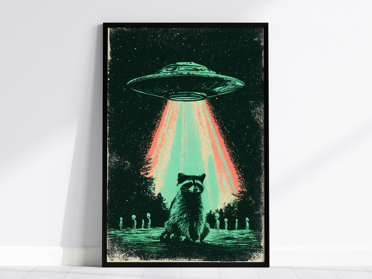 Raccoon Rules Stars Poster | Teal and Black Screen Print Art Print | Science Fiction Wall Art — framed print on the wall, 24x