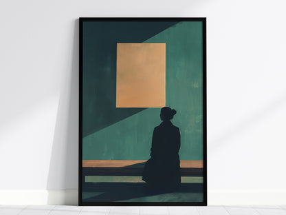 Gallery Visitor Poster | Teal and Cream Flat Design Art Print | Minimalist Wall Art — framed print on the wall, 24x36 in