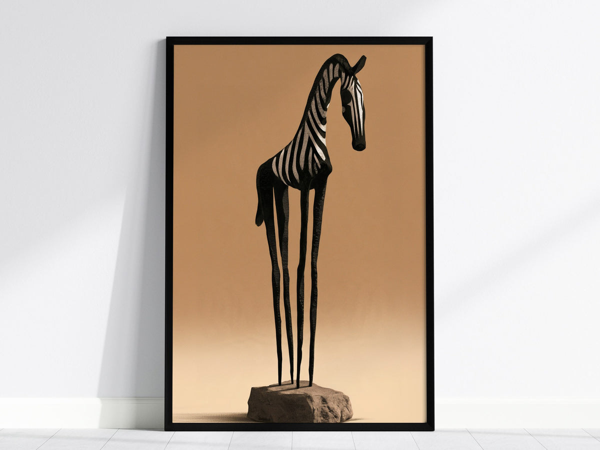 Iron Zebra Stands Poster | Black and Tan Illustrative Art Print | Minimalist Wall Art — framed print on the wall, 24x36 in