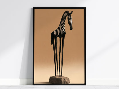 Iron Zebra Stands Poster | Black and Tan Illustrative Art Print | Minimalist Wall Art — framed print on the wall, 24x36 in