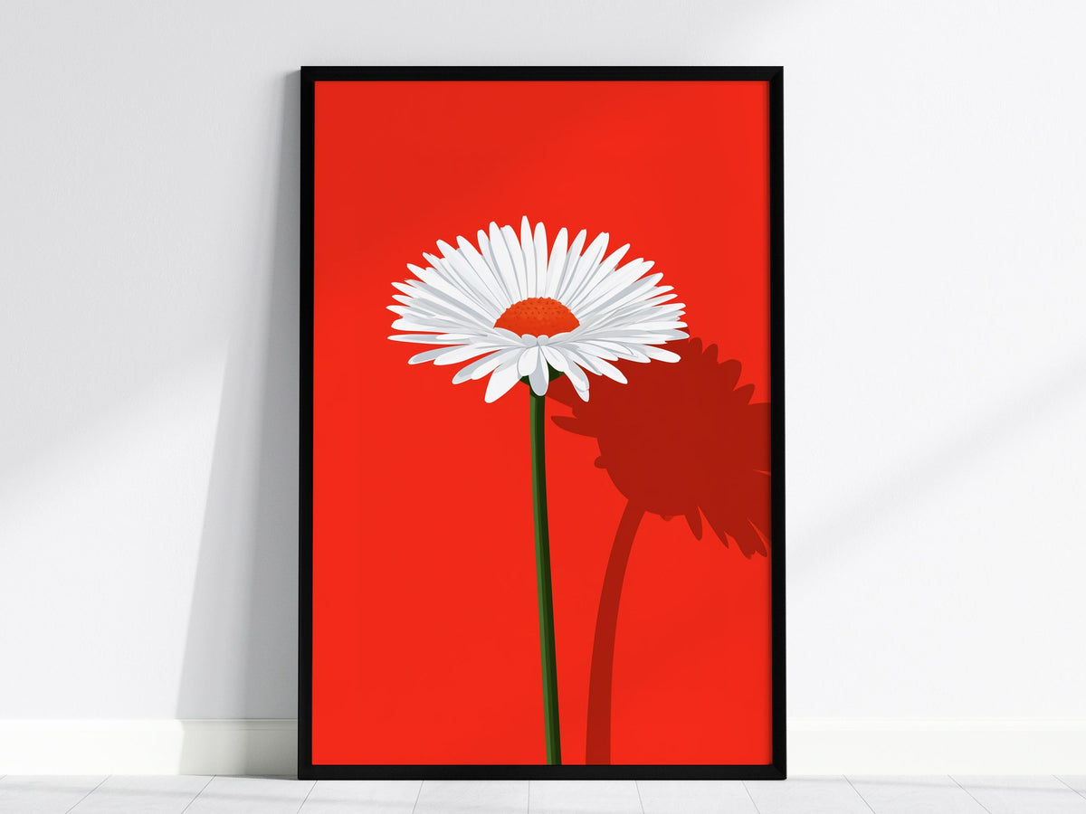 White Daisy on Red Poster | Red and White Flat Design Art Print | Modernist Wall Art — framed print on the wall, 24x36 in
