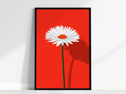 White Daisy on Red Poster | Red and White Flat Design Art Print | Modernist Wall Art — framed print on the wall, 24x36 in