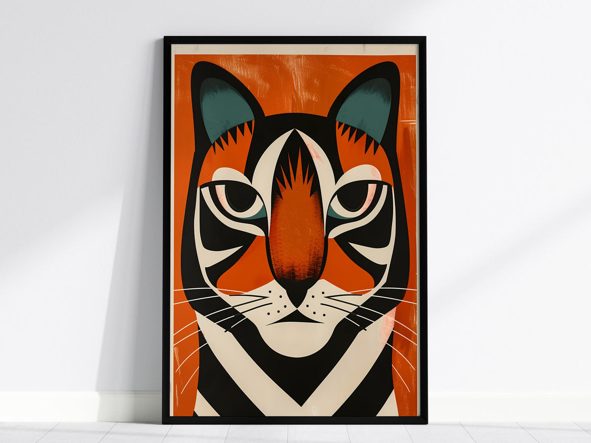 Tiger Stripes Poster | Orange and Teal Flat Design Art Print | Kids Room Wall Art — framed print on the wall, 24x36 in