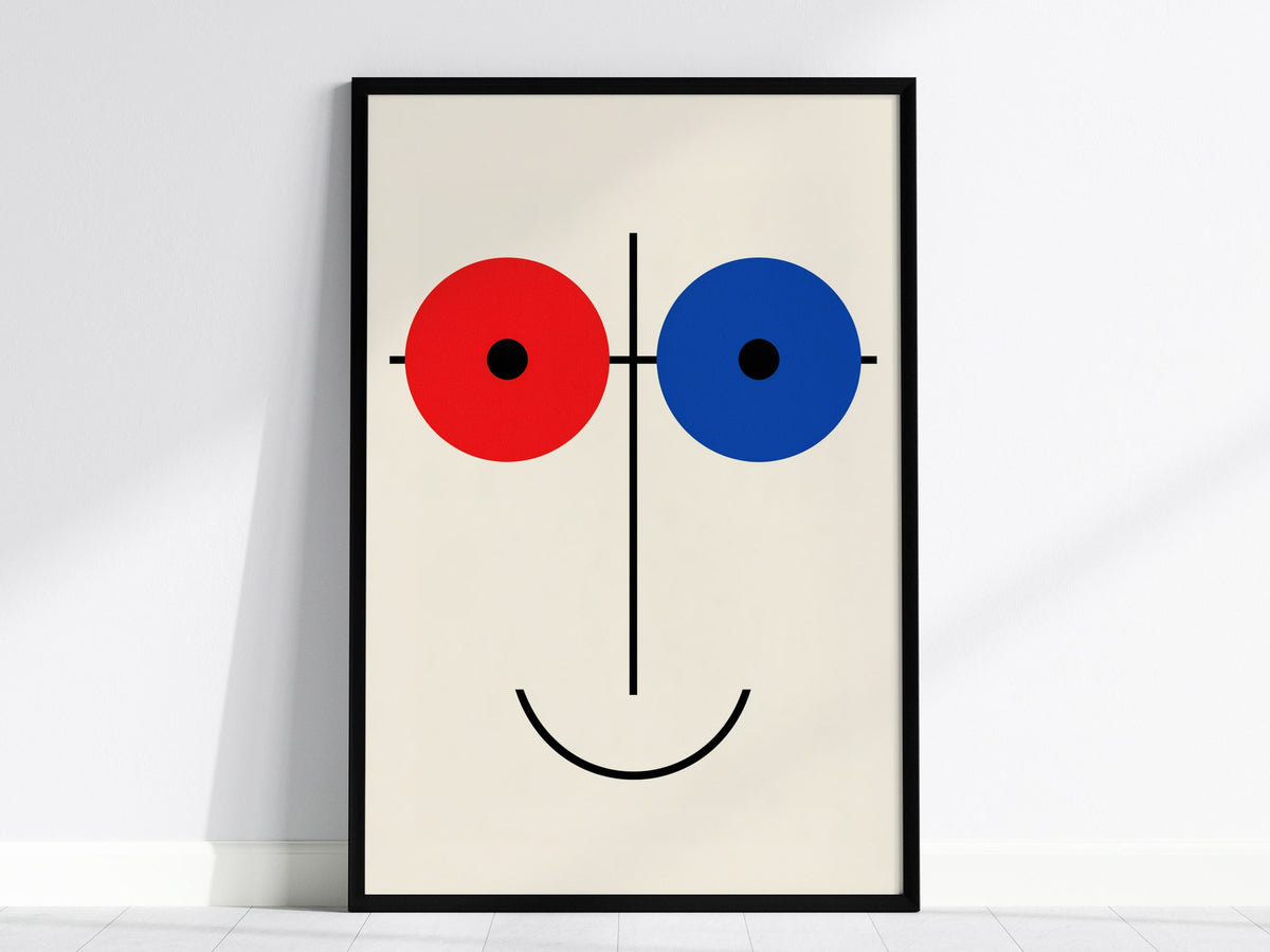 Red Blue Smile Poster | Red and Blue Minimalism Art Print | Modernist Wall Art — framed print on the wall, 24x36 in