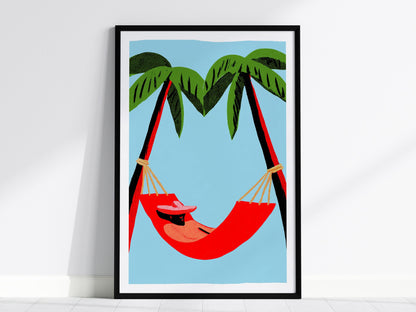 Hammock Afternoon Poster | Blue and Emerald Screen Print Art Print | Tropical Wall Art — framed print on the wall, 24x36 in