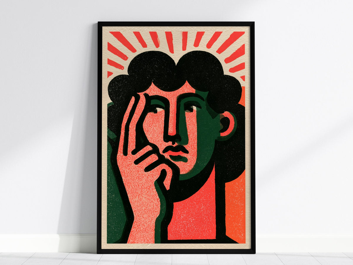 Thinker Touches Temple Poster | Coral and Green Screen Print Art Print | Modernist Wall Art — framed print on the wall, 24x36