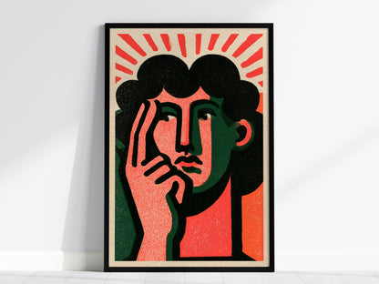 Thinker Touches Temple Poster | Coral and Green Screen Print Art Print | Modernist Wall Art — framed print on the wall, 24x36