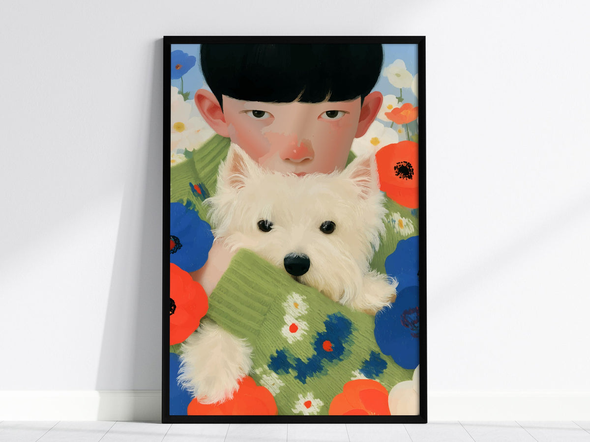 Boy With Westie Poster | Blue and Green Illustrative Art Print | Contemporary Wall Art — framed print on the wall, 24x36 in