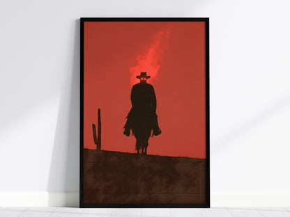 Burning Rider Poster | Coral and Slate Screen Print Art Print | Western Wall Art — framed print on the wall, 24x36 in