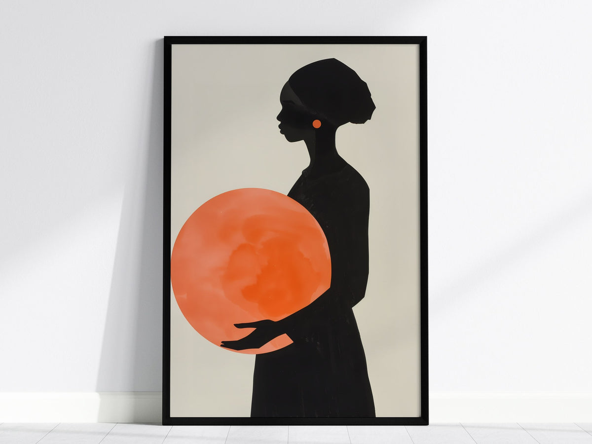 Woman with Orange Sphere Poster | Coral and Black Minimalism Art Print | Minimalist Wall Art — framed print on the wall, 24x3