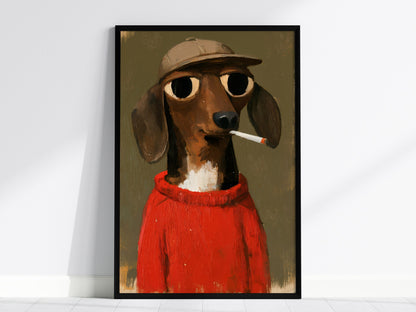 Dachshund In Red Poster | Red and Olive Oil Painting Art Print | Folk Art Wall Art — framed print on the wall, 24x36 in