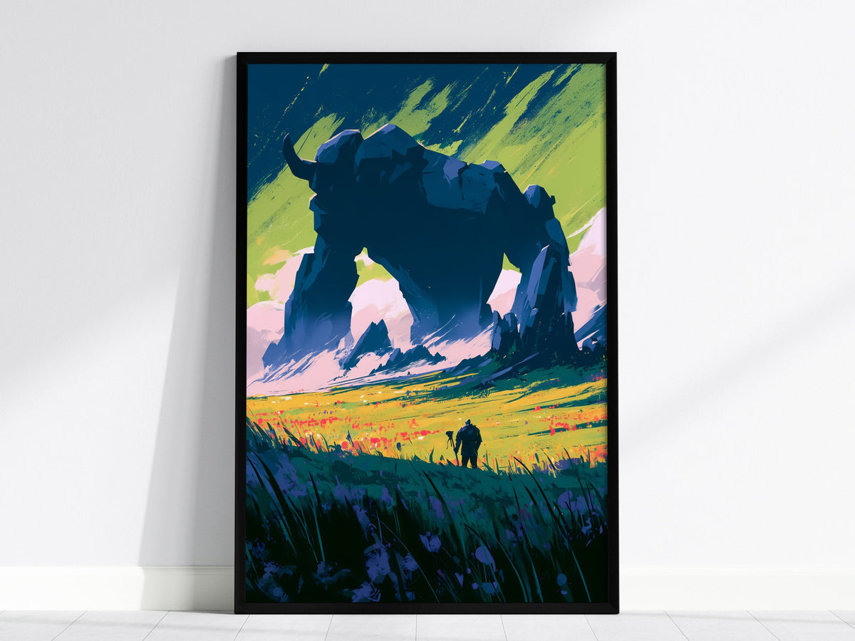 Stone Guardian at Dawn Poster | Navy and Orange Illustrative Art Print | Dark Fantasy Wall Art — framed print on the wall, 24