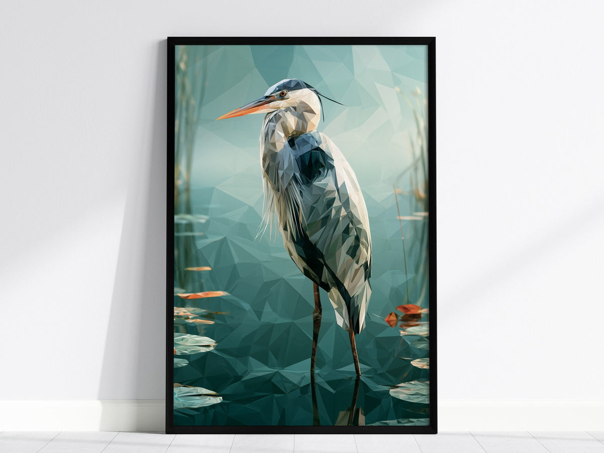 Heron Guards Shallows Poster | Teal and Slate Low Poly Art Print | Modern Minimal Wall Art — framed print on the wall, 24x36