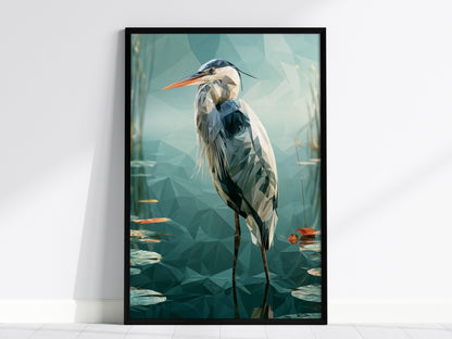 Heron Guards Shallows Poster | Teal and Slate Low Poly Art Print | Modern Minimal Wall Art — framed print on the wall, 24x36
