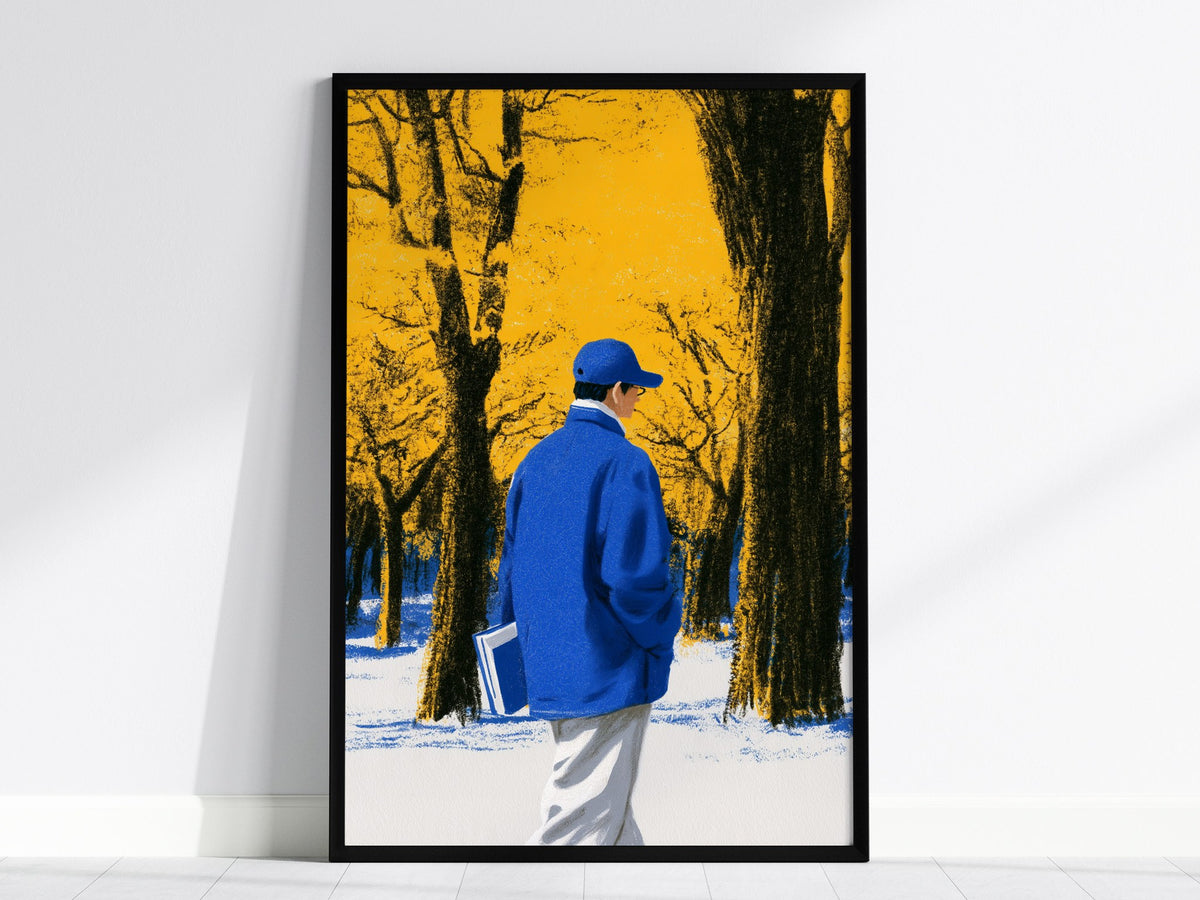 Reader Walks Blue Poster | Cobalt and Green Illustrative Art Print | Book Lovers Wall Art — framed print on the wall, 24x36 i