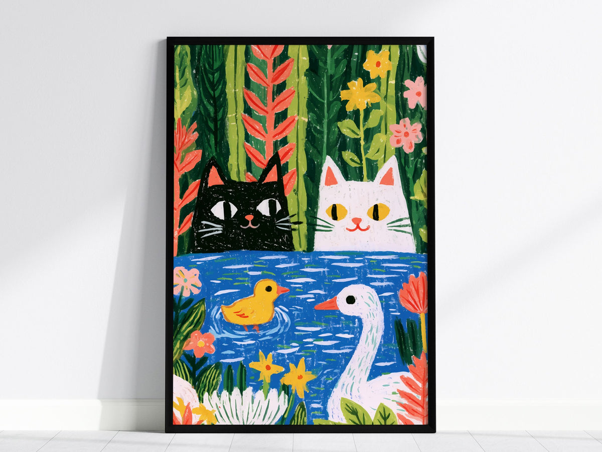 Forest Pond Companions Poster | Forest Green Illustrative Art Print | Kids Room Wall Art — framed print on the wall, 24x36 in
