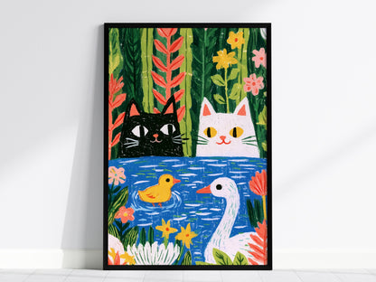 Forest Pond Companions Poster | Forest Green Illustrative Art Print | Kids Room Wall Art — framed print on the wall, 24x36 in