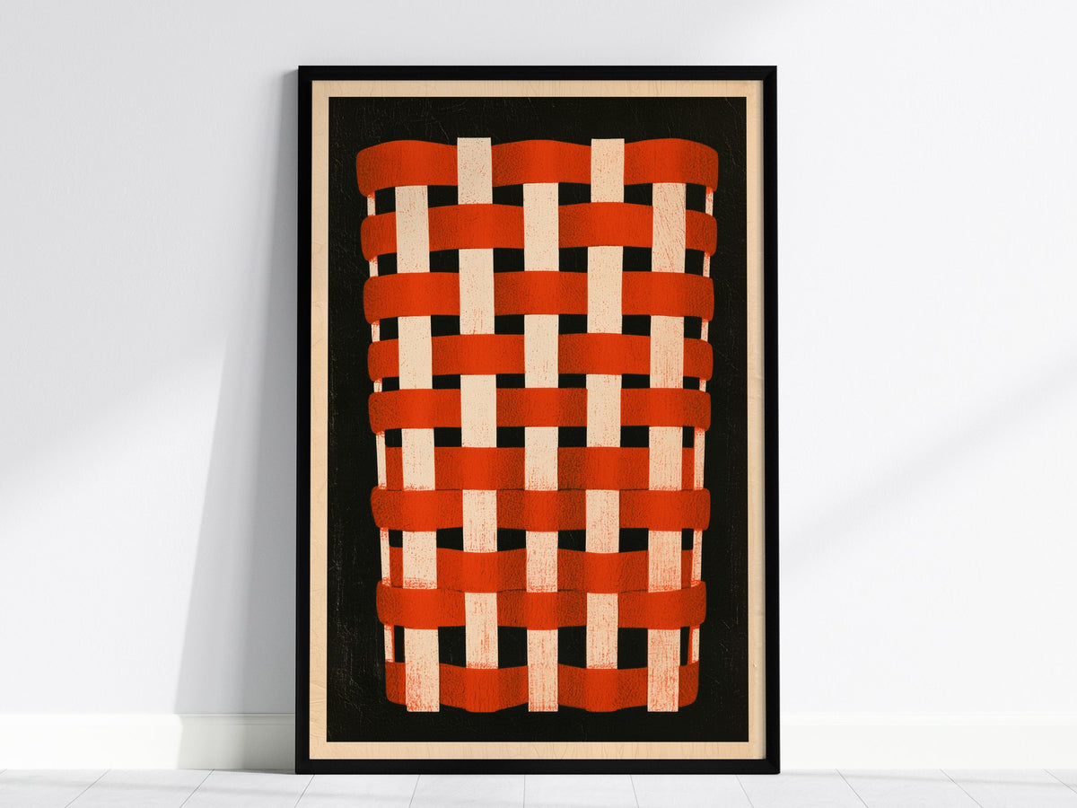 Woven Basket Icon Poster | Burnt Orange Screen Print Art Print | Kitchen Wall Art — framed print on the wall, 24x36 in