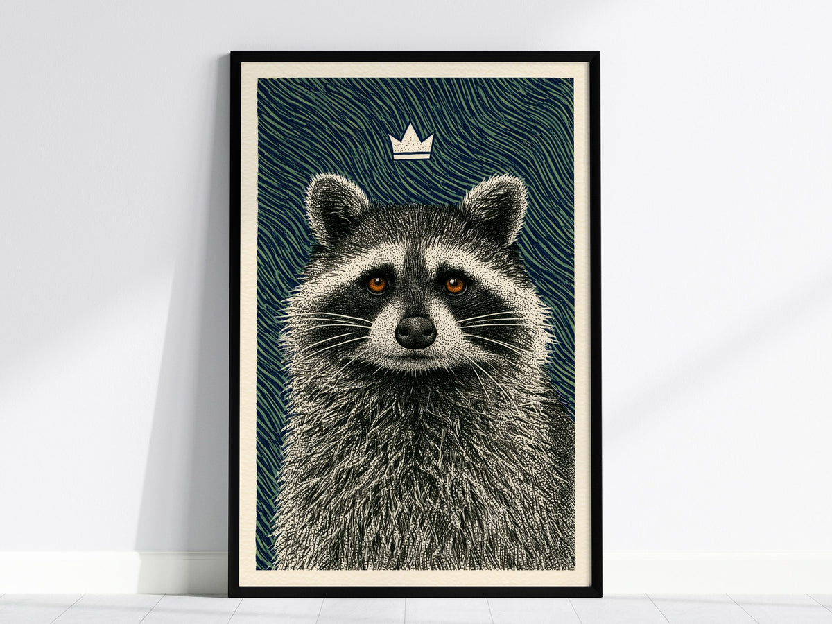 Raccoon Rules Stars Poster | Navy and Green Pen and Ink Art Print | Dark Academia Wall Art — framed print on the wall, 24x36