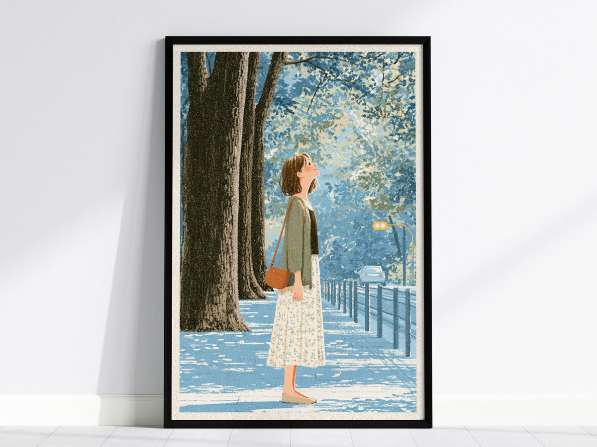 Woman Tilts Toward Light Poster | Olive and Cream Illustrative Art Print | Quiet Spaces Wall Art — framed print on the wall