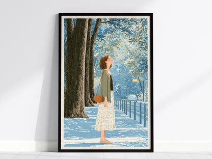Woman Tilts Toward Light Poster | Olive and Cream Illustrative Art Print | Quiet Spaces Wall Art — framed print on the wall