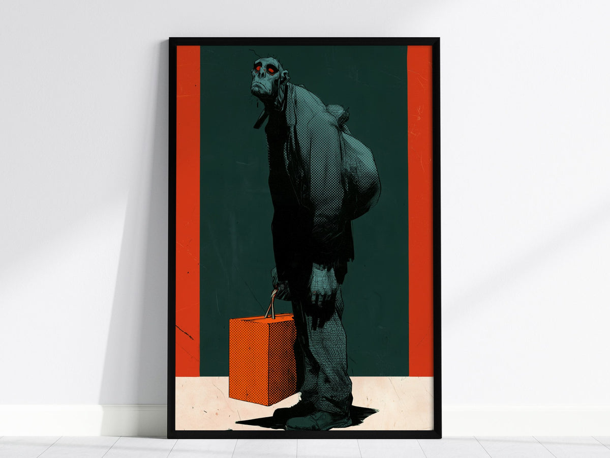 Courier Carries Weight Poster | Teal and Orange Screen Print Art Print | Dark Fantasy Wall Art — framed print on the wall, 24
