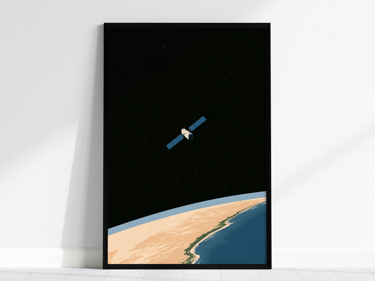 Satellite Keeps Watch Poster | Blue and Tan Illustrative Art Print | Space Enthusiast Wall Art — framed print on the wall, 24