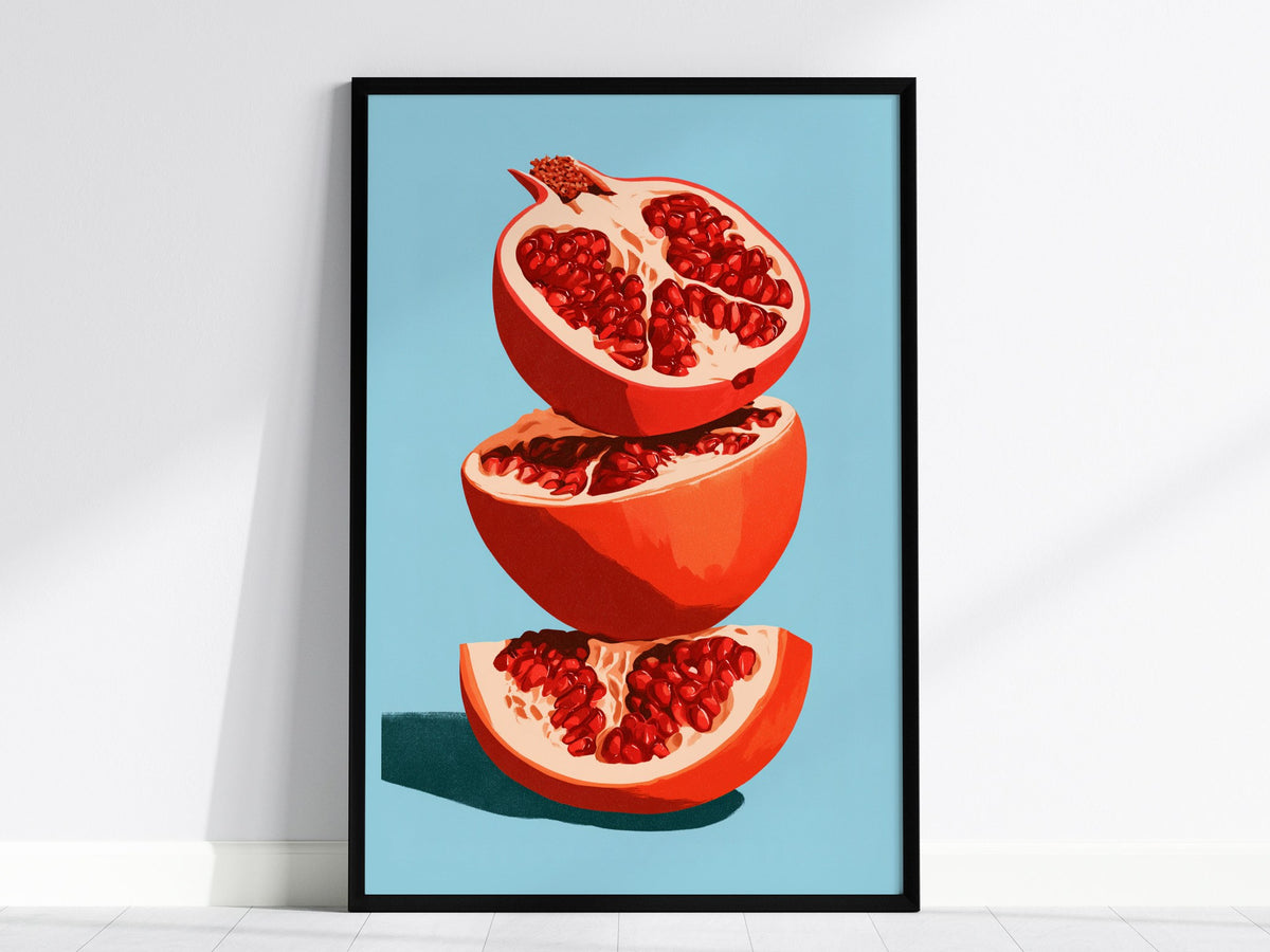 Pomegranate Towers Poster | Navy and Hot Illustrative Art Print | Kitchen Wall Art — framed print on the wall, 24x36 in