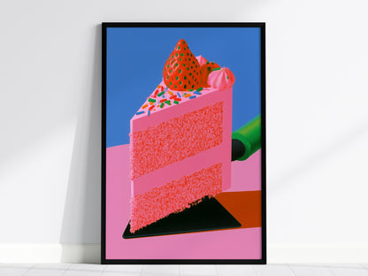 Frosted Layer Cake Poster | Pink and Cobalt Illustrative Art Print | Kitchen Wall Art — framed print on the wall, 24x36 in