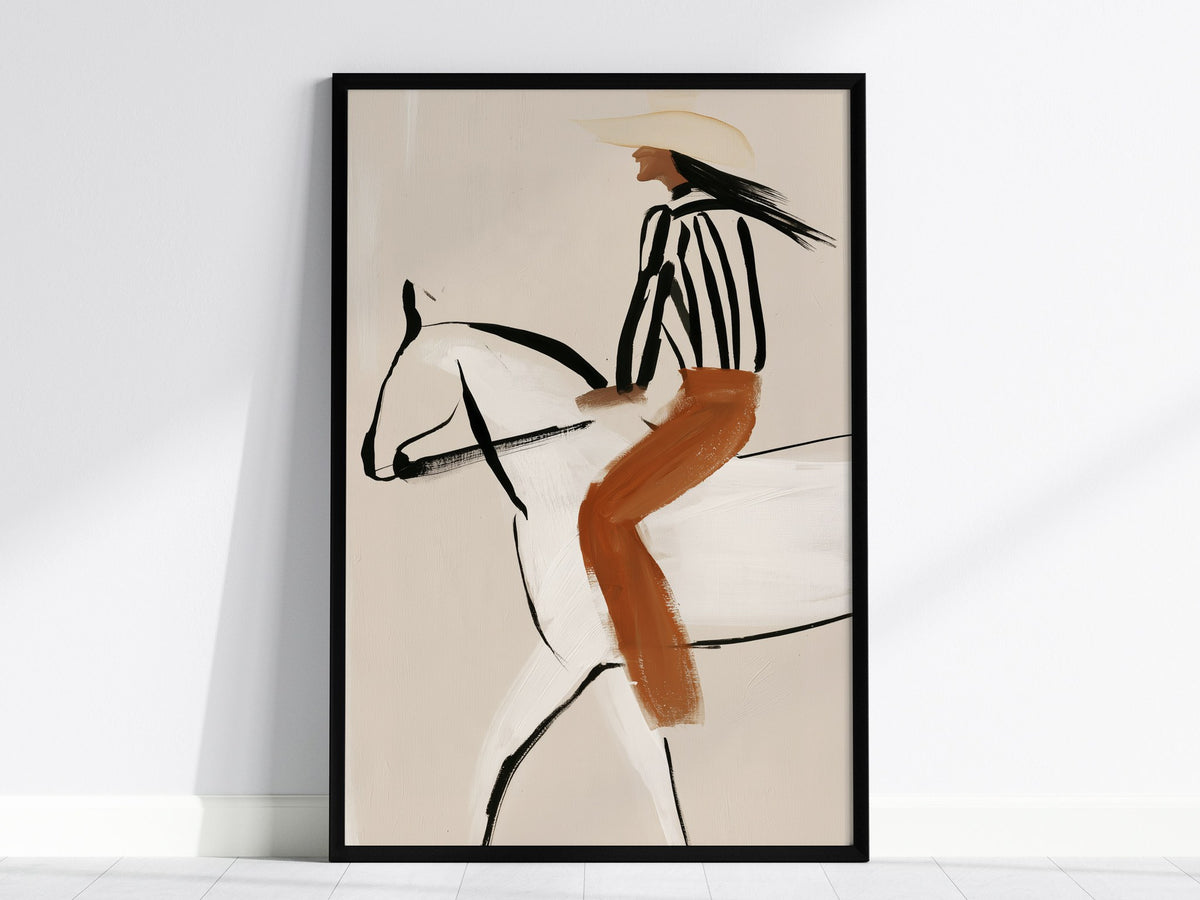 Rider Turns West Poster | Rust and Cream Illustrative Art Print | Western Wall Art — framed print on the wall, 24x36 in