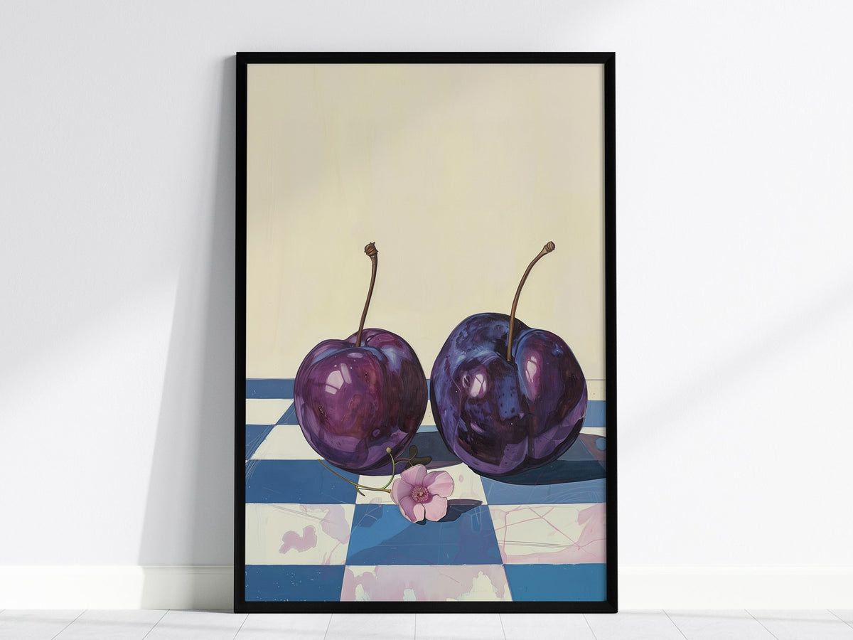plums-on-checkerboard Poster | Purple and Cream Illustrative Art Print | Kitchen Wall Art — framed print on the wall, 24x36 i