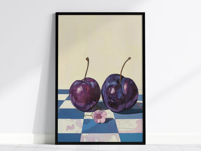 plums-on-checkerboard Poster | Purple and Cream Illustrative Art Print | Kitchen Wall Art — framed print on the wall, 24x36 i
