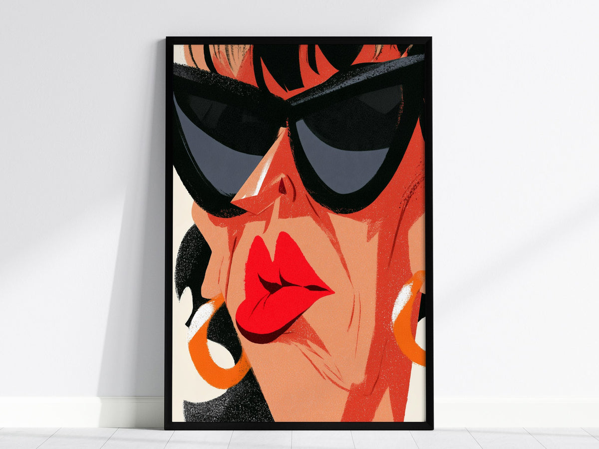 Diva Hides Eyes Poster | Coral and Black Illustrative Art Print | Pop Art Wall Art — framed print on the wall, 24x36 in