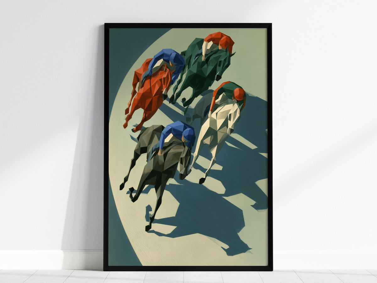 Jockeys Take the Turn Poster | Cobalt and Rust Low Poly Art Print | Modern Sports Wall Art — framed print on the wall, 24x36