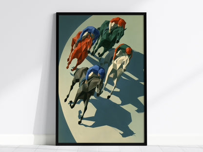 Jockeys Take the Turn Poster | Cobalt and Rust Low Poly Art Print | Modern Sports Wall Art — framed print on the wall, 24x36