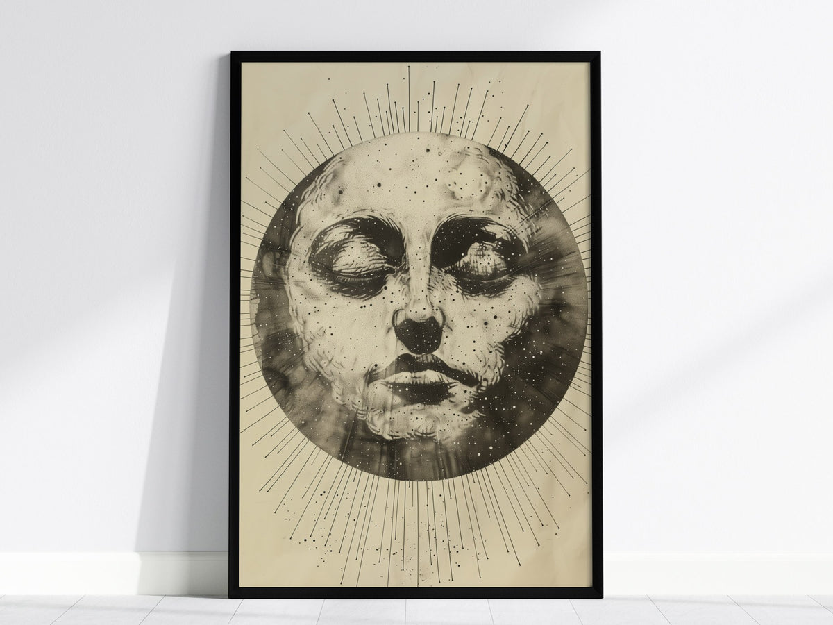 Ink Sun Face Poster | Black and Cream Pen and Ink Art Print | Dark Academia Wall Art — framed print on the wall, 24x36 in