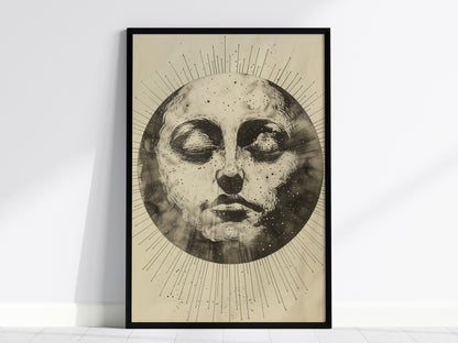Ink Sun Face Poster | Black and Cream Pen and Ink Art Print | Dark Academia Wall Art — framed print on the wall, 24x36 in