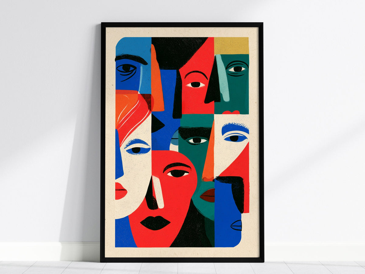 Crowd Wears Faces Poster | Multicolor Illustrative Art Print | Kids Room Wall Art — framed print on the wall, 24x36 in