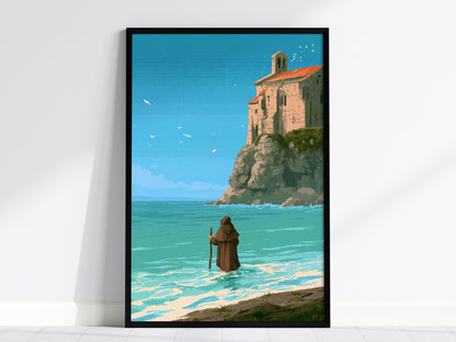 Pilgrim Touches Shore Poster | Turquoise and Earth Pixel Art Print | Retro Gaming Wall Art — framed print on the wall, 24x36
