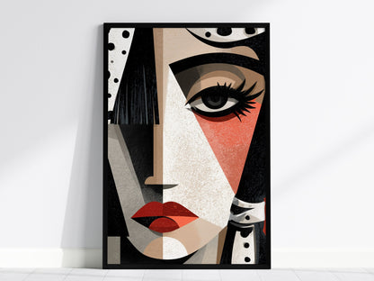 Cubist Woman Watches Poster | Black and Orange Abstract Art Print | Modernist Wall Art — framed print on the wall, 24x36 in